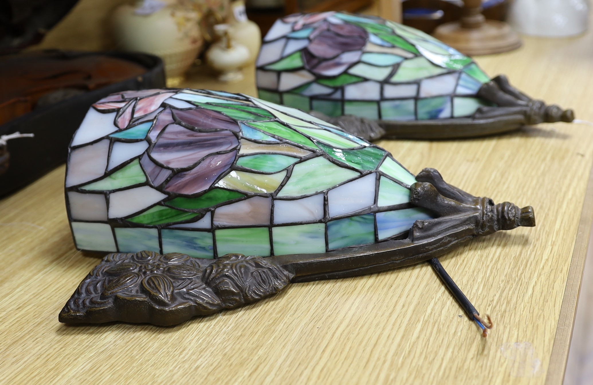 A pair of leaded glass Tiffany style wall lights, 34 x 34cm